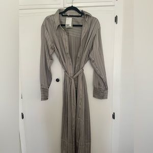 Long sleeve striped silk dress with tie belt